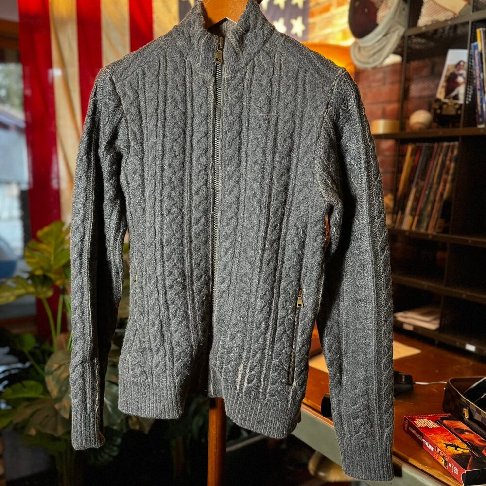 $898 JOHN VARVATOS Resin Coated Cable Knit Zip Sweater (sz. XS/S)